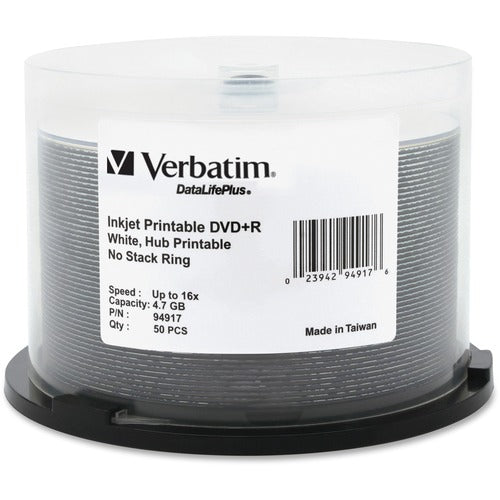 Verbatim DVD+R 4.7GB 16X DataLifePlus White Inkjet Printable, Hub Printable - 50pk Spindle VER94917