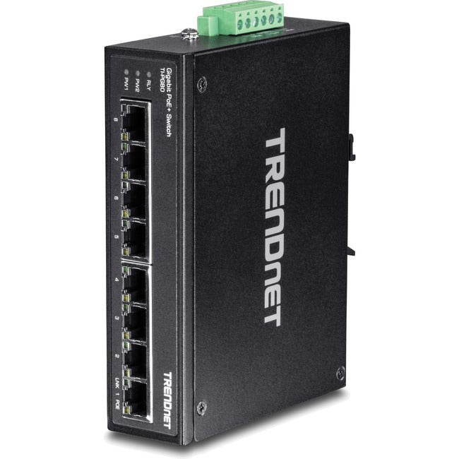 TRENDnet 8-Port Hardened Industrial Unmanaged Gigabit PoE+ DIN-Rail Switch, 200W Full PoE+ Power Budget, 16 Gbps Switching Capacity, IP30 Rated Network Switch, Lifetime Protection, Black, TI-PG80