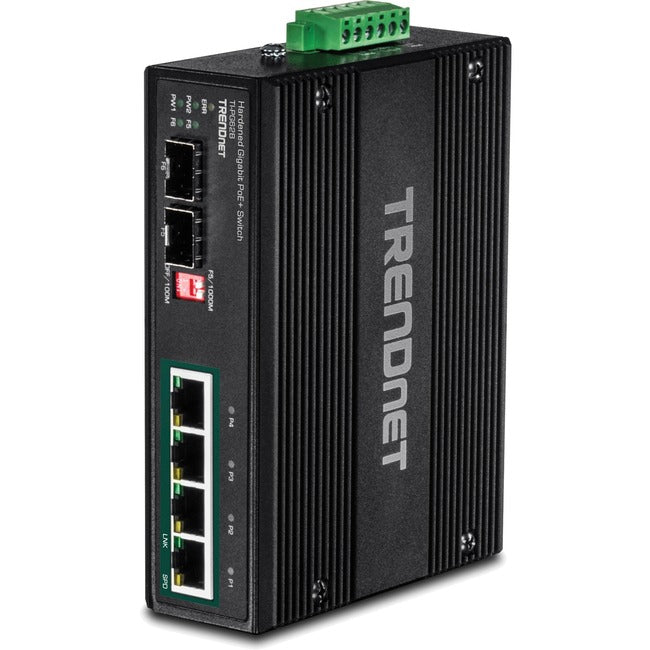 TRENDnet 6-Port Industrial Gigabit PoE+ DIN-Rail Switch; 12-56V; Alarm Relay; 2 Dedicated SFP Slots; IP30 Rated Housing; Lifetime Protection; TI-PG62B