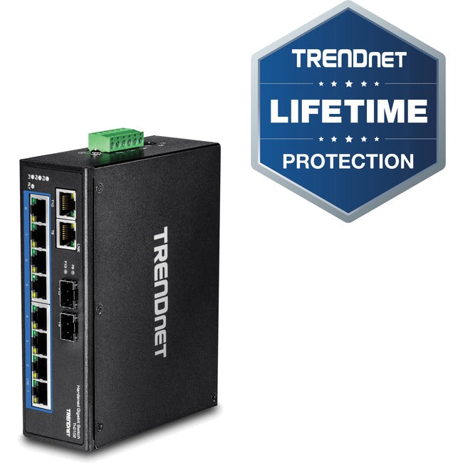 TRENDnet 10-Port Hardened Industrial Gigabit DIN-Rail Switch, 20Gbps Switching Capacity, DIN-Rail And Wall Mounts Included, Dual Redundant, Two RJ-45/SFP Ports, Lifetime Protection, Black, TI-G102