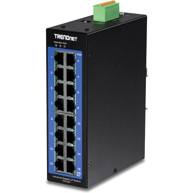 TRENDnet 16-Port Industrial Gigabit L2 Managed DIN-Rail Switch, Layer 2 Switch, 16 x Gigabit Ports, 32Gbps Switching Capacity, Extreme Temperature Gigabit Switch, Lifetime Protection, Black, TI-G160i