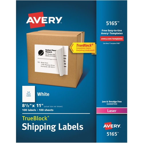 Avery&reg; Shipping Labels, TrueBlock Technology, Permanent Adhesive, 8.5 x 11" , 100 Labels - AVE05165