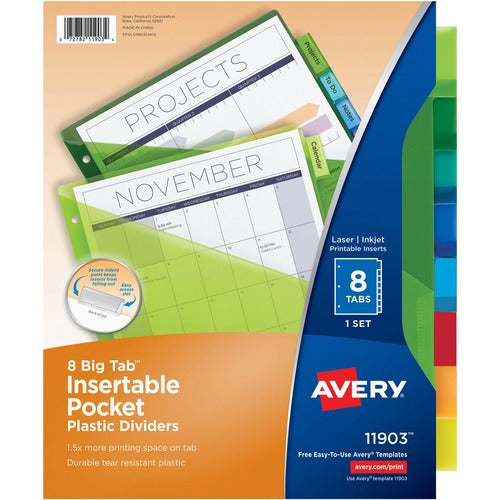 Avery&reg; Avery Big Tab Insertable Plastic Dividers w/Pockets, 8-tab Multicolor - AVE11903
