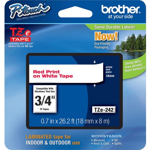Brother 18mm (0.7") Red on White tape for P-Touch 8m (26.2 ft) - BRTTZE242
