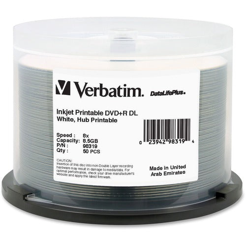 Verbatim DVD+R DL 8.5GB 8X DataLifePlus White InkJet Printable, Hub Printable - 50pk Spindle - VER98319