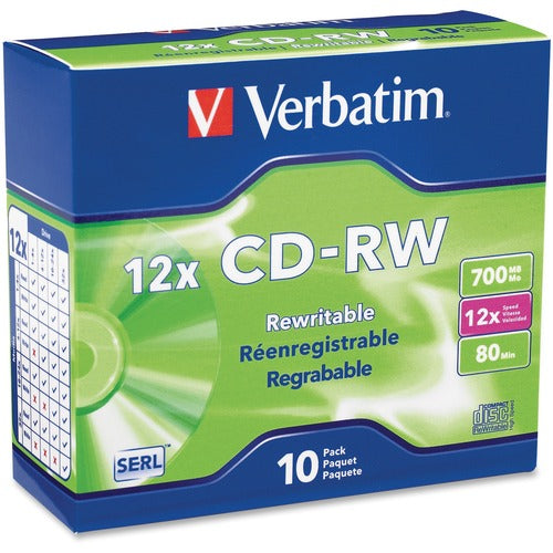 Verbatim Verbatim 95156 CD Rewritable Media - CD-RW - 12x - 700 MB - 10 Pack Slim Case VER95156