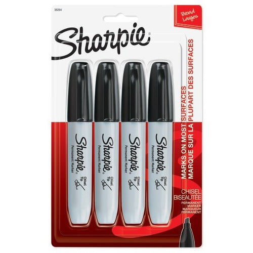 Sharpie Sharpie Permanent Markers, Chisel Tip, Black Ink, Pack Of 4 Markers SAN38264PP