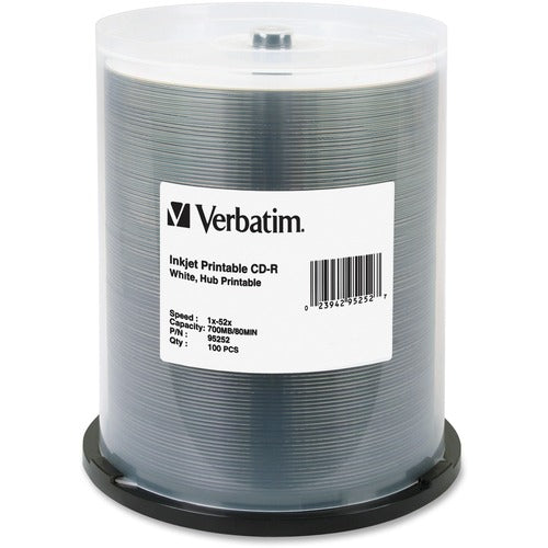 Verbatim CD-R 700MB 52X White Inkjet Printable, Hub Printable - 100pk Spindle - VER95252