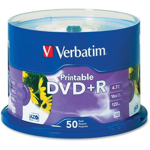 Verbatim DVD+R 4.7GB 16X White Inkjet Printable with Branded Hub - 50pk Spindle - VER95136