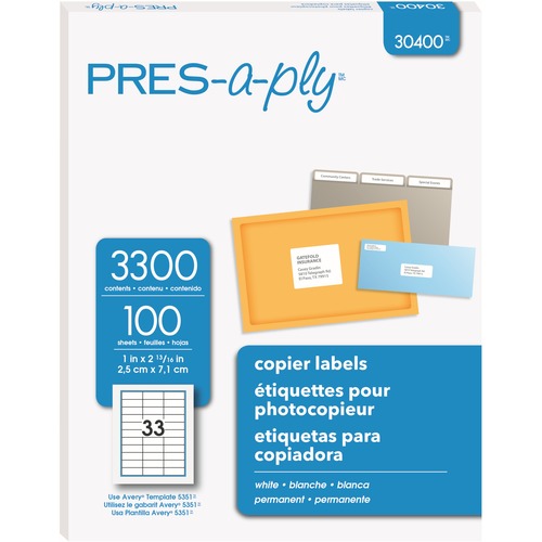 PRES-a-ply PRES-a-ply Labels for Copiers, 1" x 2-13/16" , Permanent-Adhesive, 33-up, 3300 labels AVE30400