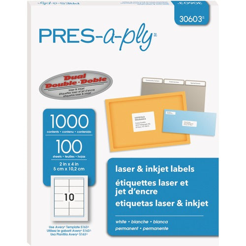 PRES-a-ply White Labels, 2" x 4" , Permanent-Adhesive, 10-up, 1000 labels - AVE30603