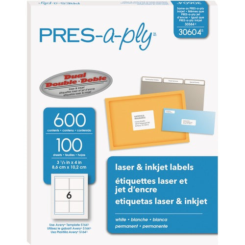 PRES-a-ply White Labels, 3-1/3" x 4" , Permanent-Adhesive, 6-up, 600 labels - AVE30604