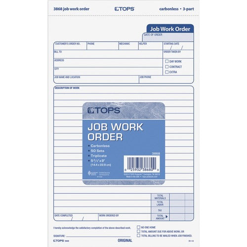 TOPS Carbonless 3-Part Job Work Order Forms - TOP3868