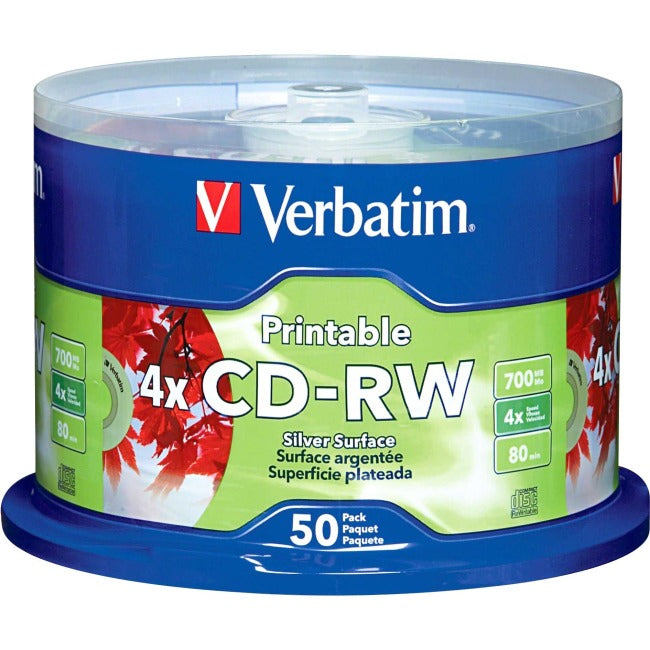 Verbatim CD-RW 700MB 12X DataLifePlus Silver Inkjet Printable with Branded Hub - 50pk Spindle