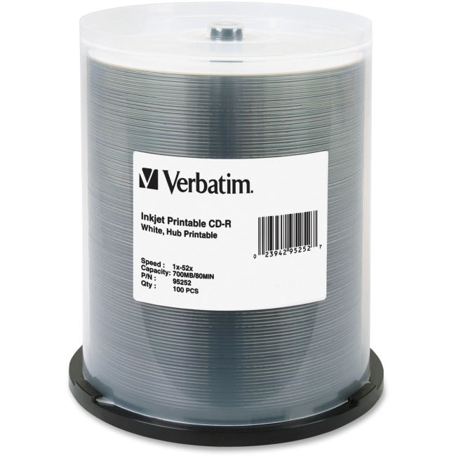 Verbatim CD-R 700MB 52X White Inkjet Printable, Hub Printable - 100pk Spindle