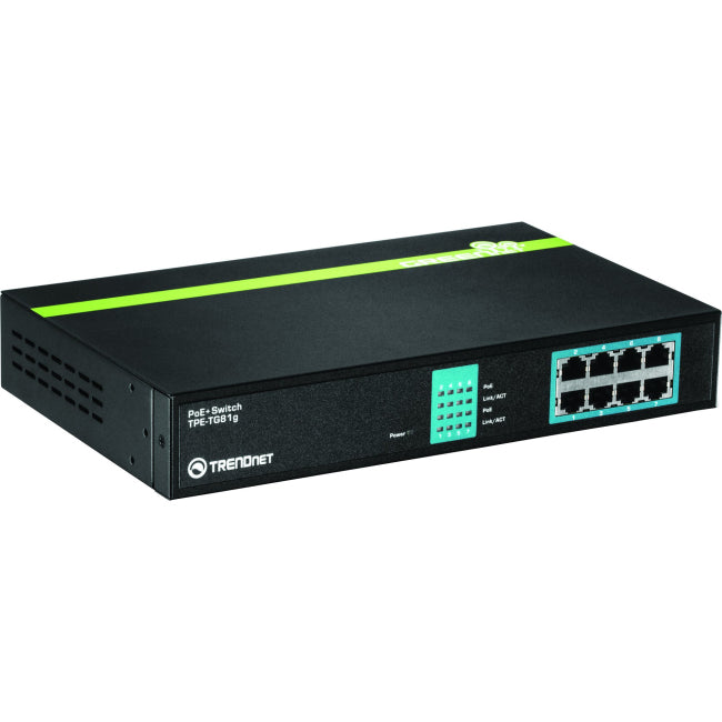 TRENDnet 8-Port Gigabit GREENnet PoE+ Switch; TPE-TG81g; 8 x Gigabit PoE+ Ports; Rack Mountable; Up to 30 W Per Port with 110 W Total Power Budget; Ethernet Network Switch; Metal; Lifetime Protection