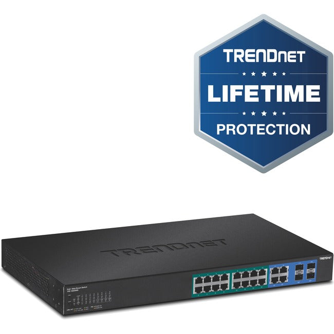 TRENDnet 20-Port Gigabit PoE+ Web Smart PoE+ Switch, 16 x Gigabit PoE+ Ports, 4 x Shared Gigabit Ports, Up To 30W Per Port, 185W Total Power Budget, Rack Mountable, Black, TPE-1620WS