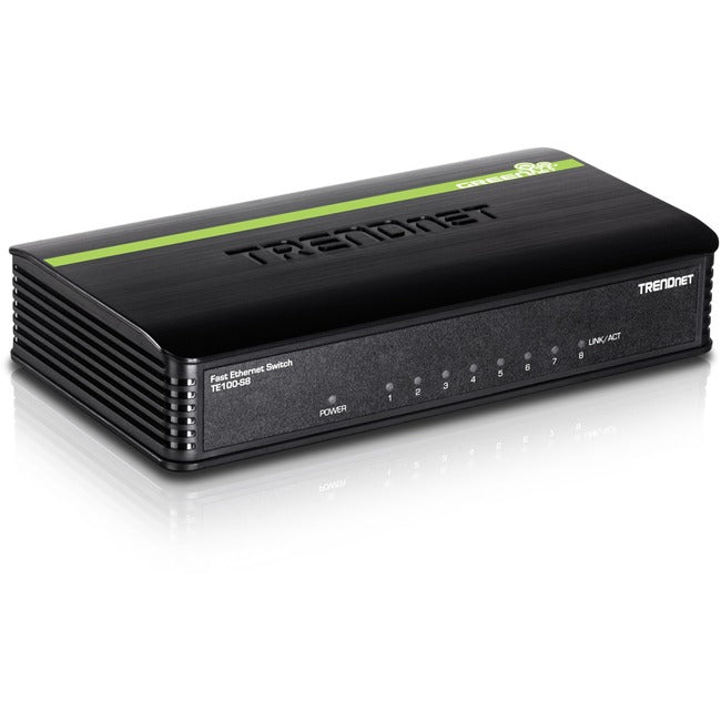 TRENDnet 8-Port Unmanaged 10-100 Mbps GREENnet Ethernet Desktop Switch; TE100-S8; 8 x 10-100 Mbps Ethernet Ports; 1.6 Gbps Switching Capacity; Plastic Housing; Network Ethernet Switch; Plug & Play