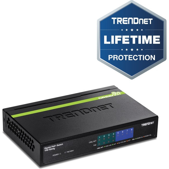 TRENDnet 8-Port Gigabit GREENnet PoE+ Switch, 4 x Gigabit PoE-PoE+ Ports, 4 x Gigabit Ports, 61W Power Budget, 16 Gbps Switch Capacity, Ethernet Unmanaged Switch, Lifetime Protection, Black, TPE-TG44G