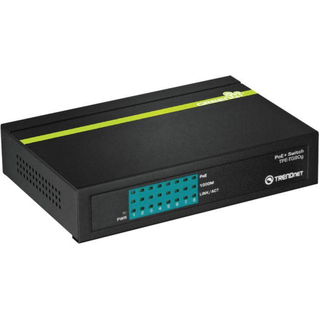 TRENDnet 8-Port Gigabit PoE+ Switch, 8 x Gigabit PoE+ Ports, 123W PoE Power Budget, 16 Gbps Switching Capacity, Desktop Switch, Ethernet Network Switch, Metal, Lifetime Protection, Black, TPE-TG80G