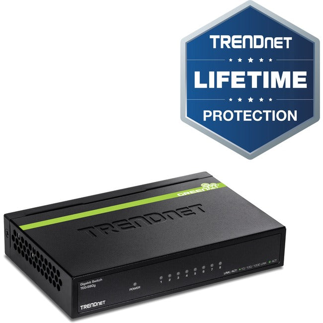 TRENDnet 8-Port Unmanaged Gigabit GREENnet Desktop Metal Switch, Fanless, 16Gbps Switching Capacity, Plug & Play, Network Ethernet Switch, Lifetime Protection, Black, TEG-S80G