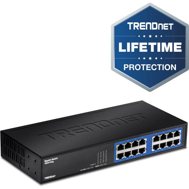 TRENDnet 6-Port Unmanaged Gigabit GREENnet Desktop Metal Switch, Ethernet-Network Switch, 16 x 10-100-1000 RJ-45 Ports, 32 Gbps Forwarding Capacity, Lifetime Protection, Black, TEG-S16DG