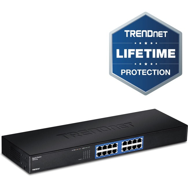 TRENDnet 16-Port Unmanaged Gigabit GREENnet Switch, 16 x RJ-45 Ports, 32Gbps Switching Capacity, Fanless, Rack Mountable, Network Ethernet Switch, Lifetime Protection, Black, TEG-S16G