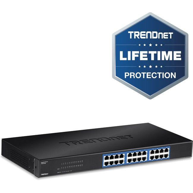 TRENDnet 24-Port Unmanaged Gigabit 10-100-1000 Mbps GREENnet Switch, 24 x Gigabit RJ-45 Ports, 48 Gbps Switch Fabric, Fanless, Metal Housing, Rack Mountable, Lifetime Protection, Black, TEG-S24G