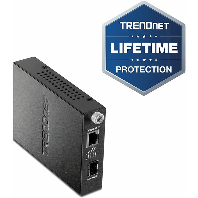 TRENDnet 100-1000Base-T To SFP Fiber Media Converter, Fiber To Ethernet Converter, 1 x 10-100-1000Base-T RJ-45 Port,1 x Mini-GBIC Slot, Lifetime Protection, Black, TFC-1000MGA