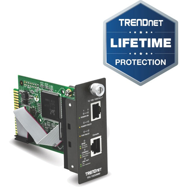 TRENDnet SNMP Management Module for TFC-1600; Supports Port Based Management; Real Time Monitoring; Converter Speed; Link Activity; Duplex Status; Gigabit Port; Lifetime Protection; TFC-1600MM