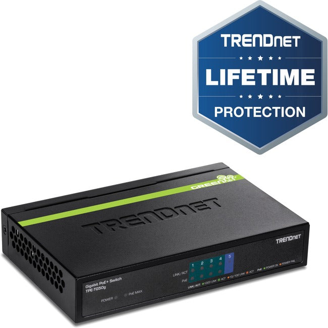 TRENDnet 5-Port Gigabit PoE+ Switch, 31 W PoE Budget, 10 Gbps Switching Capacity, Data & Power Through Ethernet To PoE Access Points And IP Cameras, Full & Half Duplex, Black, TPE-TG50g