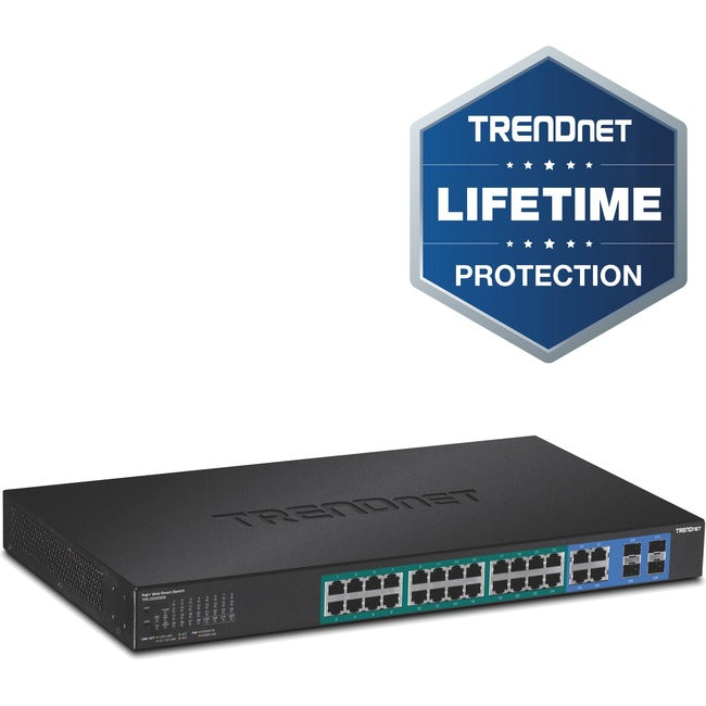 TRENDnet 28-Port Gigabit Web Smart PoE+ Switch, 24 x Gigabit Ports, 4 x Shared Gigabit Ports (RJ-45 or SFP), 185W PoE Budget, 56Gbps Switching Capacity, Lifetime Protection, Black, TPE-2840WS