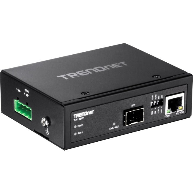 TRENDnet Hardened Industrial 100-1000 Base-T To SFP Media Converter, DIN-Rail And Wall Mount Hardware Included, Multi Or Single Mode Fiber, Power Supply Sold Separately, Black, TI-F11SFP