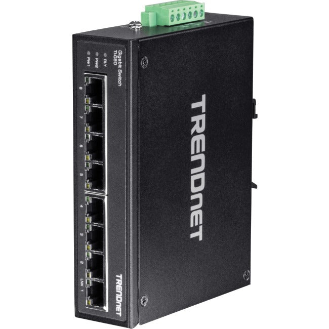 TRENDnet 8-Port Hardened Industrial Gigabit DIN-Rail Switch, 16 Gbps Switching Capacity, IP30 Rated Metal Housing (-40 to 167 ?F), DIN-Rail & Wall Mounts Included, Lifetime Protection, Black, TI-G80