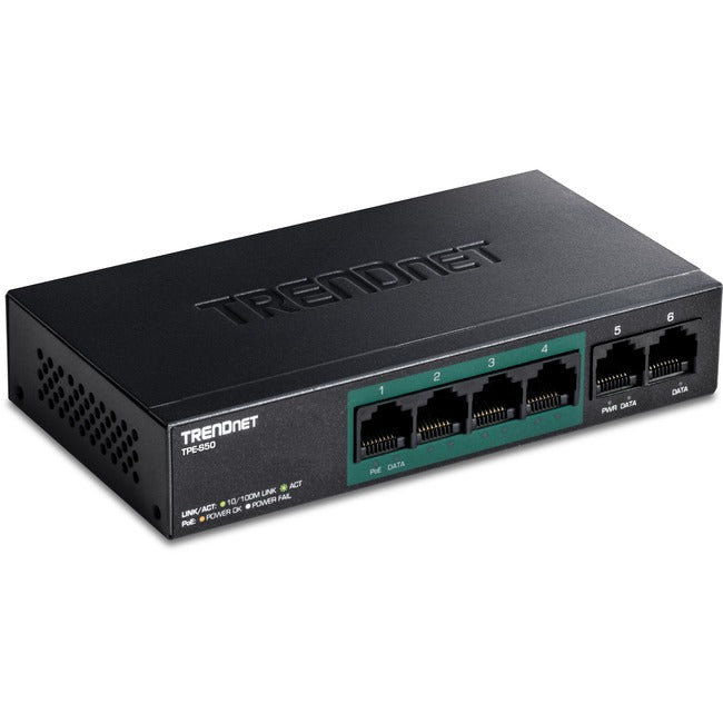 TRENDnet 6-Port Fast Ethernet PoE+ Switch, 4 x Fast Ethernet PoE Ports, 2 x Fast Ethernet Ports, 60W PoE Budget, 1.2 Gbps Switch Capacity, Metal, Lifetime Protection, Black, TPE-S50