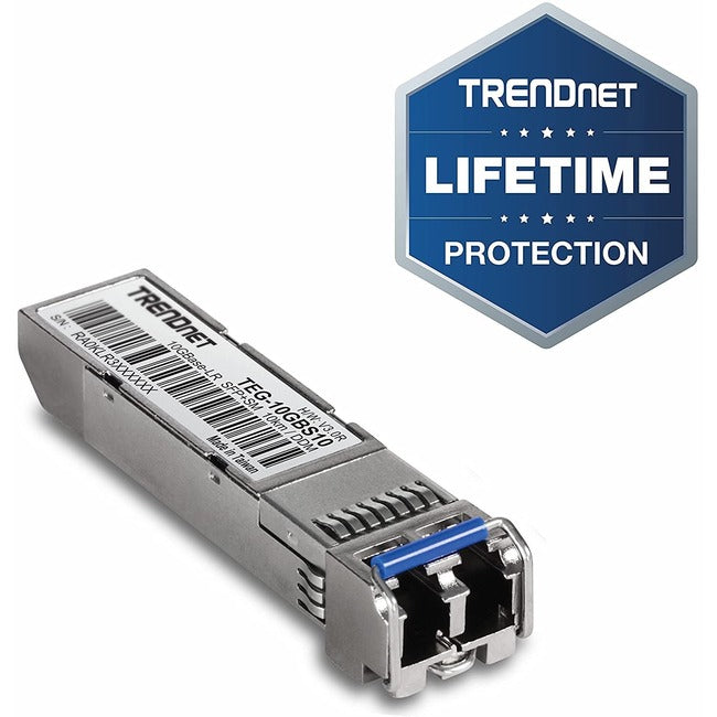 TRENDnet SFP to RJ45 10GBASE-LR SFP+ Single Mode LC Module; TEG-10GBS10; Up to 10 km (6.2 Miles); Hot Pluggable SFP Transceiver; Duplex LC Connector; 1310nm; 3.3V Power Supply; Lifetime Protection