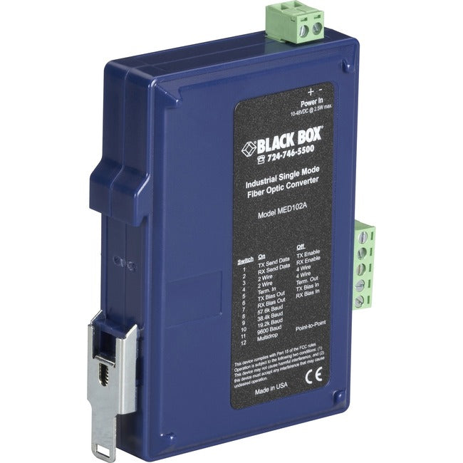 Black Box Industrial DIN Rail RS-232-RS-422-RS-485 Fiber Driver, Single-Mode