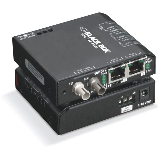 Black Box Fast Ethernet (100-Mbps) Hardened Temperature Switch - (2) 10-100-Mbps Copper RJ45, (1) 100-Mbps Multimode Fiber, 1300nm, 2km, ST