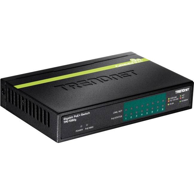 TRENDnet 8-Port GREENnet Gigabit PoE+ Switch, Supports PoE And PoE+ Devices, 61W PoE Budget, 16Gbps Switching Capacity, Data & Power Via Ethernet To PoE Access Points & IP Cameras, Black, TPE-TG82G