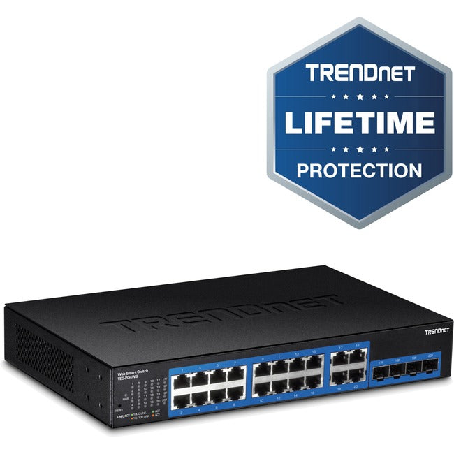 TRENDnet 20-Port Gigabit Web Smart Switch; 16 x Gigabit Ports; 4 x shared Gigabit Ports (RJ-45/SFP); VLAN; QoS; LACP; IPv6 Support; 40 Gbps Switching Capacity; Lifetime Protection; TEG-204WS