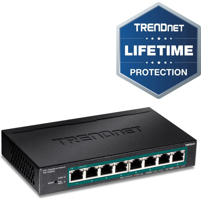 TRENDnet 8-Port Gigabit EdgeSmart PoE+ Switch, 8 x Gigabit PoE+ Ports, 64W PoE Power Budget, Managed PoE+ Switch, Wall Mountable, Desktop Ethernet Switch, Lifetime Protection, Black, TPE-TG82ES