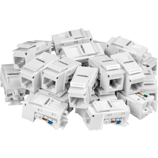 TRENDnet Cat6 Keystone Jack, 25-Pack Bundle, 90° Angle Termination, Compatible With Cat5, Cat5e, Cat6 Cabling, Color-Coded Labeling, Gold-Plated Contacts, Tool-less Design, White, TC-K25C6