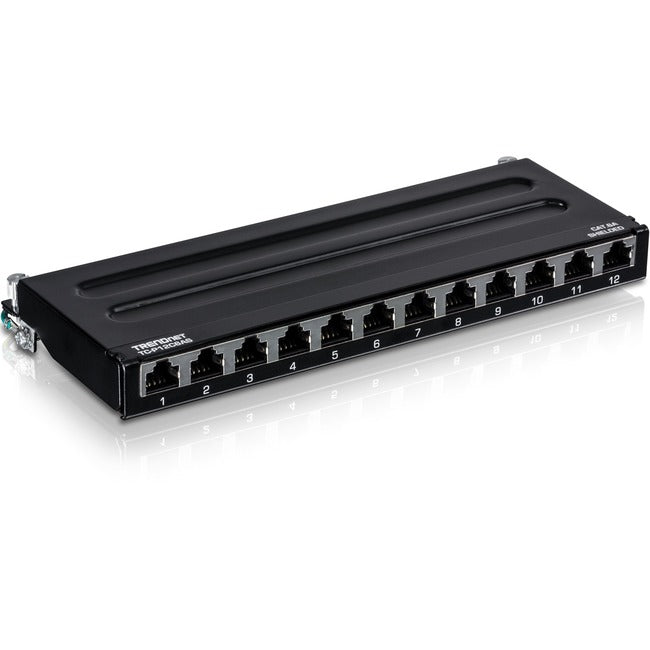 TRENDnet 12-Port Cat6A Shielded Patch Panel, 10G Ready, Cat5e,Cat6,Cat6A Compatible, Metal Housing, Color-Coded Labeling For T568A And T568B Wiring, Cable Management, Wall Mountable, Black, TC-P12C6AS