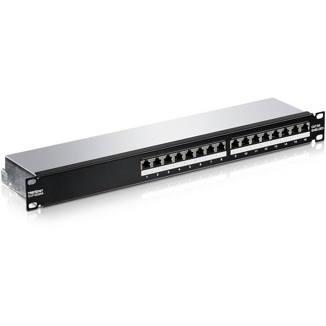 TRENDnet 16-Port Cat6A Shielded Patch Panel, TC-P16C6AS, 1U 19" Metal Housing, 10G Ready, Cat5e-Cat6-Cat6A Ethernet Cable Compatible, Cable Management, Color-coded Labeling for T568A and T568B wiring