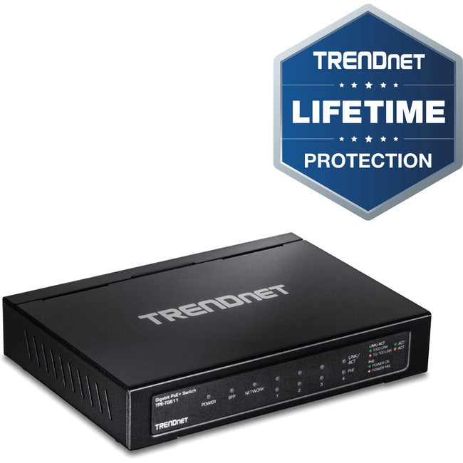 TRENDnet 6-port Gigabit Poe+ Switch; TPE-TG611; 4 X Gigabit Poe+ Ports; 1 X Gigabit Port; 1 X SFP Slot; Supports 100/1000Base-FX Fiber SFP Modules; Ethernet Desktop Network Switch; Lifetime Protection