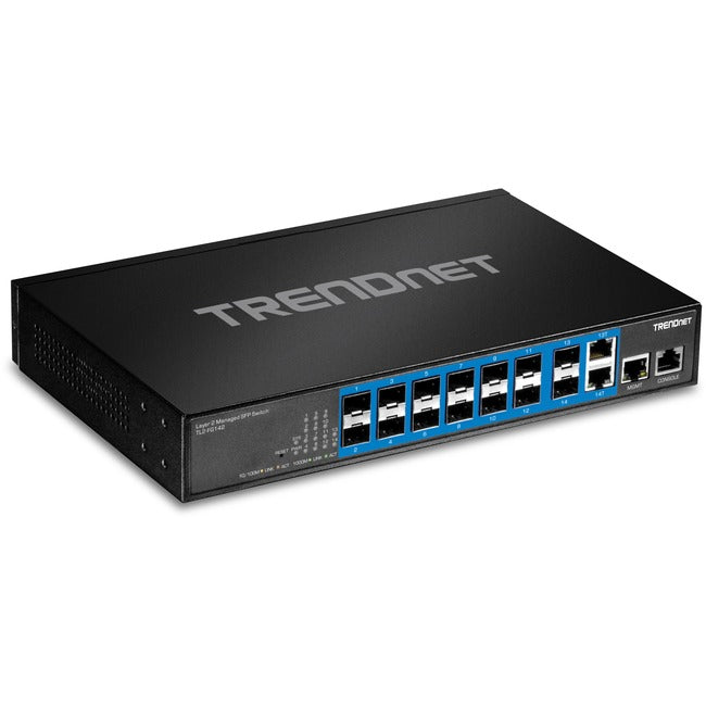 TRENDnet 14-Port Gigabit Managed Layer 2 SFP Switch; TL2-FG142; 2 Shared Gigabit RJ-45 Ports; 12 x SFP Slots 100-1000Mbps; 28Gbps Switching Capacity; VLAN; QoS; LACP; IPv6 Support; Lifetime Protection