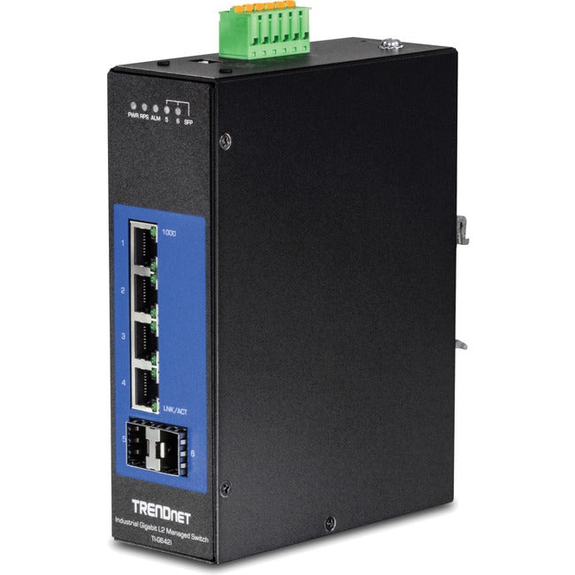 TRENDnet 6-Port Industrial Gigabit L2 Managed DIN-Rail Switch; 4 x Gigabit Ports; 2 x SFP Slots; DIN-Rail Mount; IP30; VLAN; QoS; LACP; STP-RSTP; Bandwidth management; Lifetime Protection; TI-G642i