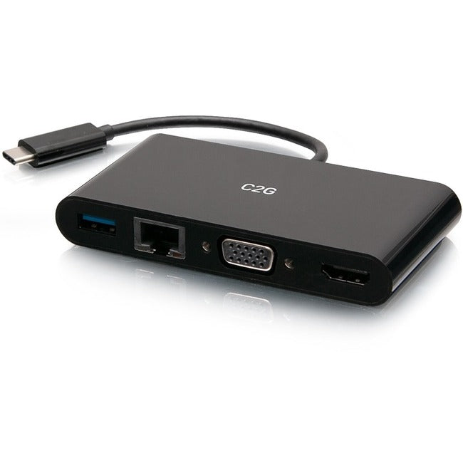 C2G USB C to HDMI, VGA, USB A & RJ45 Adapter - 4K 30Hz - Black