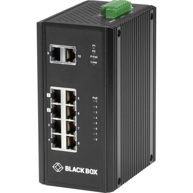 Black Box Industrial (8) 10-100-1000 PoE + (2) Gigabit Ethernet Switch