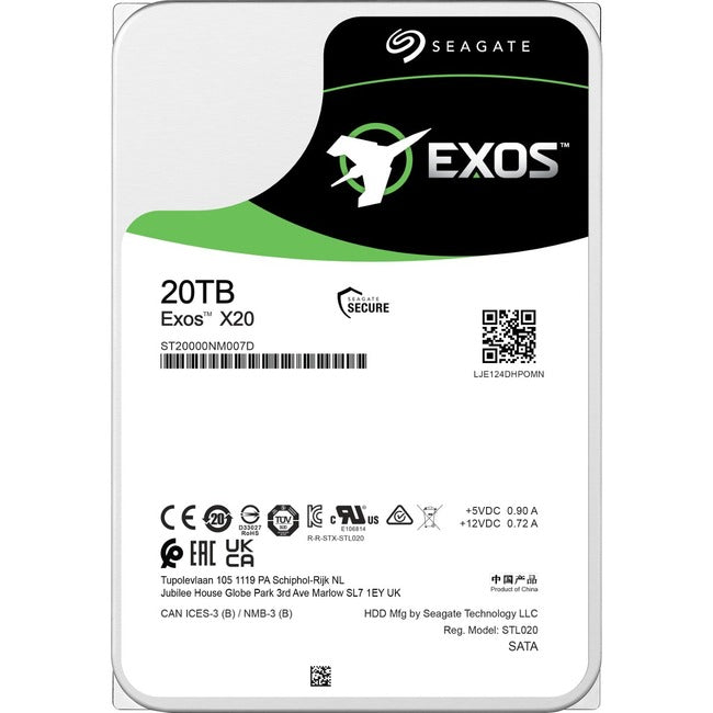 Seagate Exos X20 ST20000NM007D 20 TB Hard Drive - Internal - SATA (SATA-600) - Conventional Magnetic Recording (CMR) Method